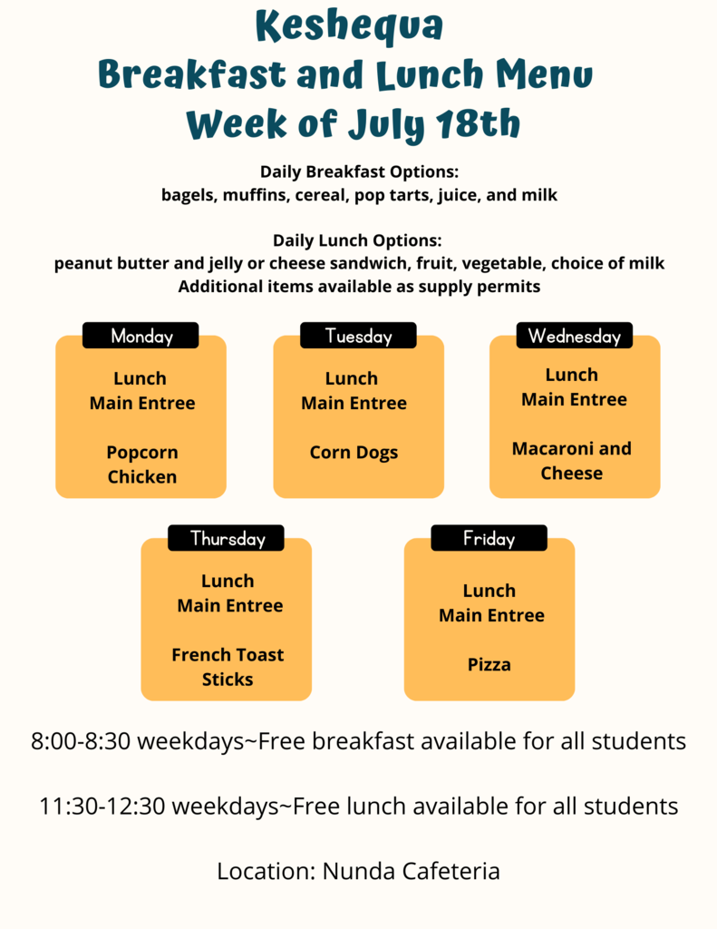 Lunch menu for the week of July 18th